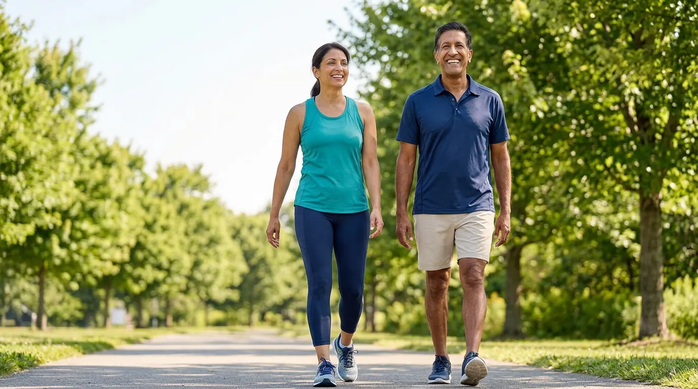 Active couple over 50 walking outdoors as part of a daily supplement for an active lifestyle